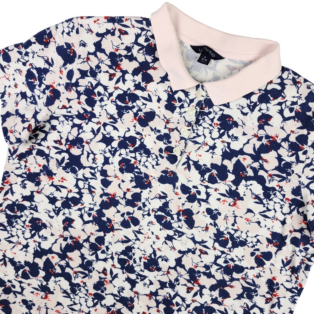 Lands' End Polo Shirt Womens L 14-16 Pink Floral Short Sleeve Stretch Cotton
